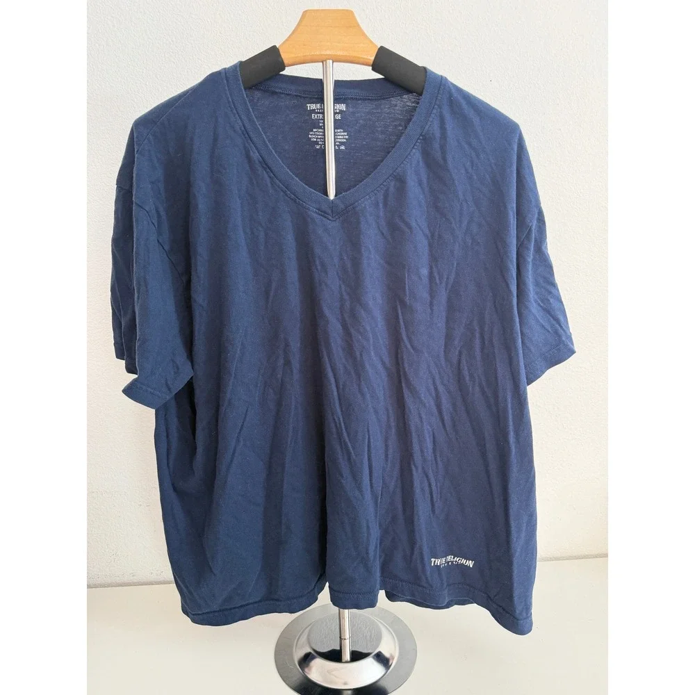 True Religion Mens Navy Blue V-Neck Cotton T-Shirt Horseshoe Logo XL Extra Large